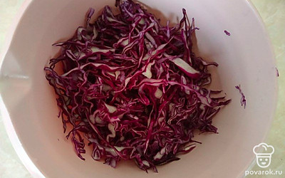 Капусту мелко нашинкуйте. Лук порежьте соломкой. Поместите их в миску, добавьте зерна граната, соль по вкусу и перемешайте.