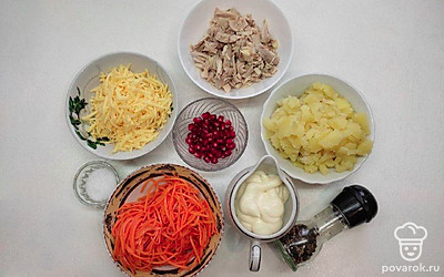 Нарежьте кубиком куриное мясо и картофель. Гранат надрежьте и извлеките зерна. Сыр натрите на терке.