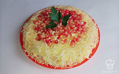 Подавайте блюдо на большой тарелке, предварительно посыпьте кусочками гранатами.