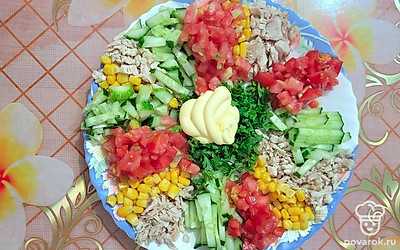 В центр блюда налить майонез, немного посолить. Перед приемом пищи перемешать все сектора.