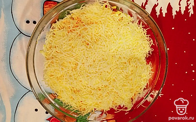 Натрите на мелкой терке сыр, выложите сверху и смажьте майонезом.