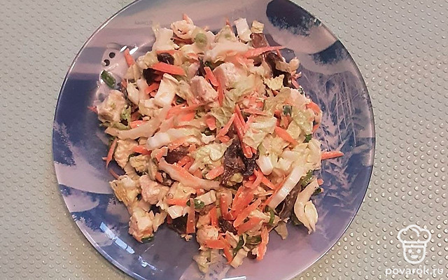 Изысканный салат из шампиньонов, пекинской капусты и куриного филе — Рецепт с фото