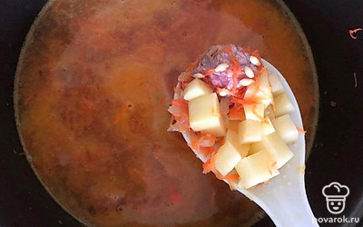 После этого добавьте горячую воду, картофель, перловую крупу и соленые огурцы. Готовьте в режиме «суп» примерно 30-40 минут. Посолите и добавьте соль по вкусу, когда выбранный режим завершится.