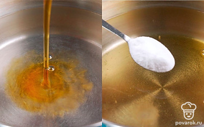 Вскипятите воду, добавить в нее 1 ст.л. сиропа или сахара и оставшуюся соду.