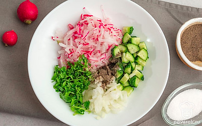 В суповую тарелку поместите подготовленные ингредиенты. Редис, огурец, зелень и лук. Добавьте черного молотого перца и соль.