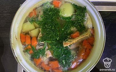 Добавьте укроп в кастрюлю. Выключите плиту. Накройте кастрюлю крышкой. Дайте ухе настояться минут 10.