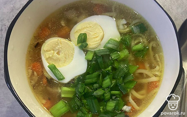 Наваристый куриный бульон с яичной лапшой, вареным яйцом и зеленью — Рецепт с фото