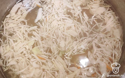 Влейте к капусте мясной бульон, варите 10 минут. 