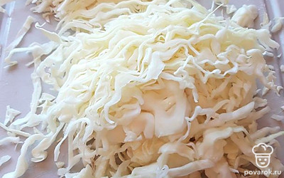 Нарежьте капусту тонкой соломкой (понадобится четвертинка маленького кочана капусты). Добавьте капусту в кастрюлю с борщом, варите 10 минут.