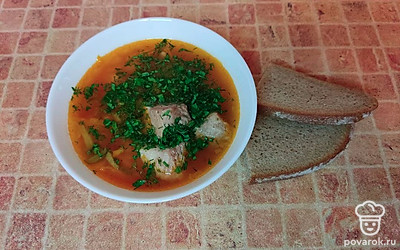 Порцию супа перелейте в красивую тарелку с глубоким дном. Украсьте веточкой петрушки и ломтиком свежего хлеба.