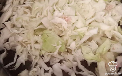 В кастрюлю налейте свежую чистую воду и нарежьте туда капусту. Туда же закиньте мясо. Варите 15 минут.