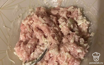 В фарш добавьте соль, перец, сметану, мелко нерезаный лук и перемешайте.