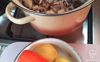 Овощи почистить, помыть. Сушёные лесные грибы замочить на 1 час перед готовой, хорошо промыть несколько раз. Поставить варить. Через 40 минут заложить в бульон рис. 