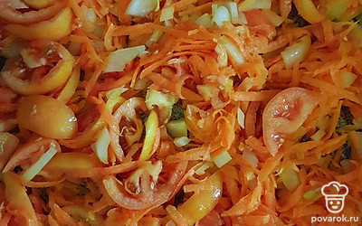 Пережарить помидоры, лук и морковь. Рис закинуть вариться к свинине. При варке помешивать. 