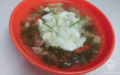 Подавайте куриный суп с щавелем сразу после приготовления как горячее первое блюдо. При порционной подаче налейте в глубокую тарелку, украсьте сметаной и рубленым яйцом.