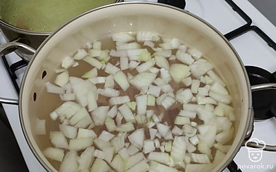 Наливаем в кастрюлю 2,5 литра воды и ставим на огонь. Кладем туда лук и куриные бедра.