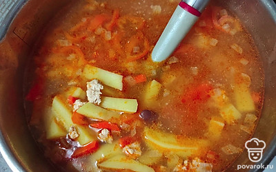 Добавьте в кастрюлю консервированную фасоль, лавровый лист и пропущенный через пресс чеснок. Варите суп ещё 5-10 минут. Проверьте готовность картофеля ложкой. Суп готов. Дайте супу постоять 10 минут, чтобы все вкусы смешались. 