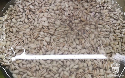 Перловку промыть 3 раза под проточной водой и замочить на час в кипятке, пока варится свинина.