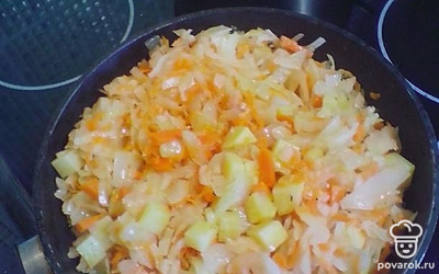 Грибы ставим вариться на маленький огонь. Капусту, морковь, лук и картофель нарезаем. Ставим на обжарку.