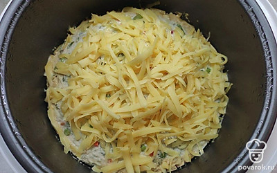 Чашу мультиварки смажьте маслом и переложите в нее фарш. Готовьте террин в мультиварке на режиме «выпечка» в течение 45 минут. Затем, включите режим подогрева, или не отключайте его, если ваша мультиварка делает это автоматически. Равномерно посыпьте поверхность террина остатками сыра, закройте крышку и оставьте на 10 минут.