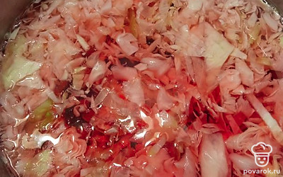 В кипящую воду положить картофель, затем капусту, через 15-20 минут, когда капуста станет мягкой в кастрюлю выложить тушёные морковь и лук.