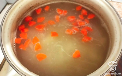 Добавьте в бульон картофель, морковь, квашеную капусту, пшено. Посолите и доведите до готовности.