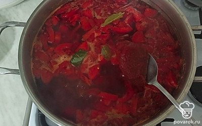 Переложить томатную пасту в кастрюлю с супом. Добавить лавровый лист и соль по вкусу, хорошо все перемешать. Варить суп 7 минут.