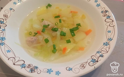 Разливаем суп по тарелкам и добавляем свежий зеленый лук. 