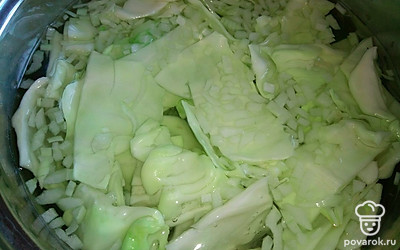 В кипящую и подсоленную по вкусу воду добавьте капусту и репчатый лук. Перемешайте, накройте крышкой.