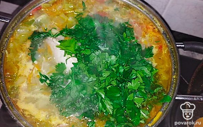 За 5 минут до готовности измельчить петрушку и добавить в суп.
