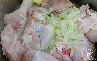 В кастрюле обжарьте лук и курицу.