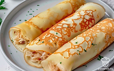 Блины с начинкой из шампиньонов и риса — Рецепт с фото