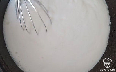 Подогрейте кефир, добавьте кипяток, соду, соль и взбейте смесь венчиком.