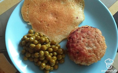 Блинчики из картофеля подать с котлетами и горошком. Приятного аппетита. 