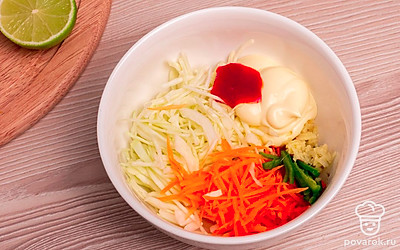 В глубокую миску положите нашинкованную капусту, морковь, петрушку, острый перец, соленый огурец. Добавьте горчичный соус, кетчуп и сок лайма. Хорошо перемешайте все ингредиенты. Начинка для хот-дога готова!