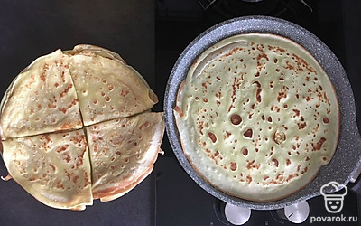 Смажьте горячий блин сливочным маслом и сложите уголком. Можно наносить растопленное масло кистью, мне нравится проводить по горячему блину твёрдым кусочком масла, обёрнутым сверху кусочком пергамента.
Повторите шаги 5-6, пока тесто не закончится.