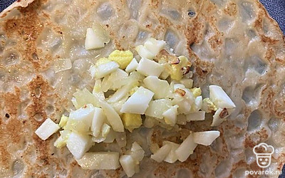 В центр блина выложите яйцо с луком.