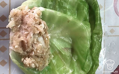 К основанию листа положите две столовые ложки фарша из порубленного куриного филе, лука и риса.