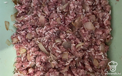 Капуста готова. Теперь готовим начинку. Моем рис, немного отвариваем. Лук нарезаем и обжариваем. Теперь можно все смешать : фарш у меня свинина/говяина, добавляем яйцо, лук, рис и приправы по вкусу, перемешиваем.