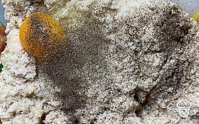 К получившейся массе добавьте яйца, соль и перец, все перемешайте.