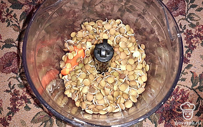 В чашу блендера добавить кусочки моркови и пророщенную чечевицу. Измельчить.