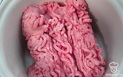 Фарш выкладываем в емкость с высокими бортами. Добавляем к нему лук и соль по вкусу.
