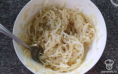 Добавьте к нарезанному луку муку, яйцо, соль и перец. Все тщательно перемешайте.