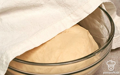 Замесите тесто. В дрожжевую основу влейте масло, добавьте соль, перемешайте. Постепенно введите муку, постоянно перемешивая продукты. Накройте емкость с тестом крышкой и поставьте в теплое место на 1,5 часа.