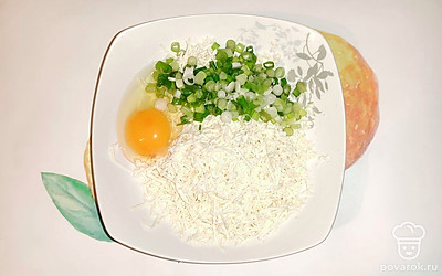 Мелко нарежьте зеленый лук. Смешайте сыр, яйцо и лук. 