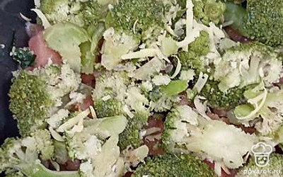 Порезать курицу кусочками, выложить в форму, выложить рядом броколли, чуть-чуть посолить.