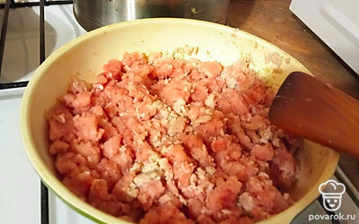 Обжариваем на сковороде мясной фарш (я использовала свинину с говядиной) и мелко порезанный лук. Добавляем соль, перец по вкусу. 