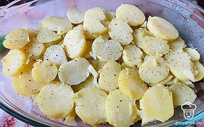 Картофель режем, выкладываем на противень, солим, перчим. 