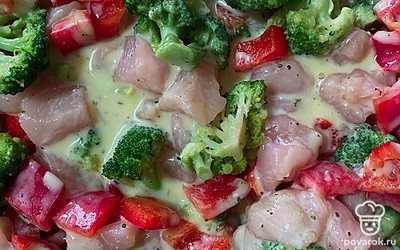 Перекладываем все в противень и заливаем соусом.