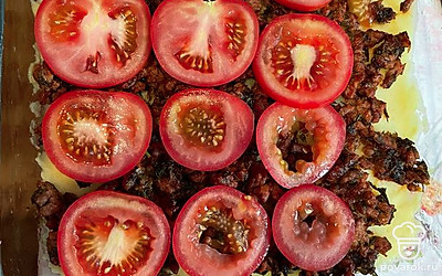 Следующий слой — помидоры, нарезанные кольцами. 